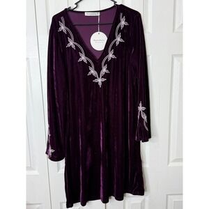 Rustydustty NWT Velvet Embroidered V Neck Long Sleeve Tunic Dress Women XL